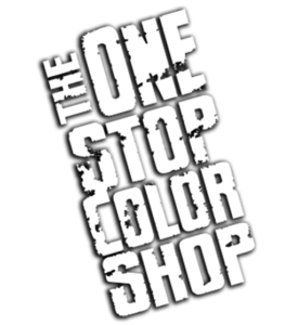 logo copy The One Stop Color Shop logo on gray and white checkerboard background