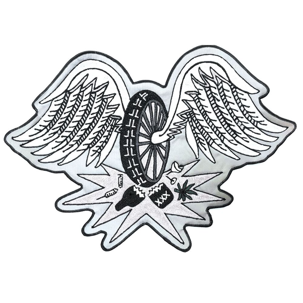single patch tire with wings, black and white